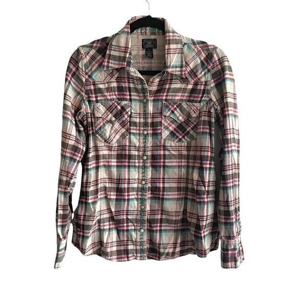 Lucky BRAND Western Cotton Flannel Plaid Button Front Long Sleeve Shirt Blouse S - Picture 1 of 7